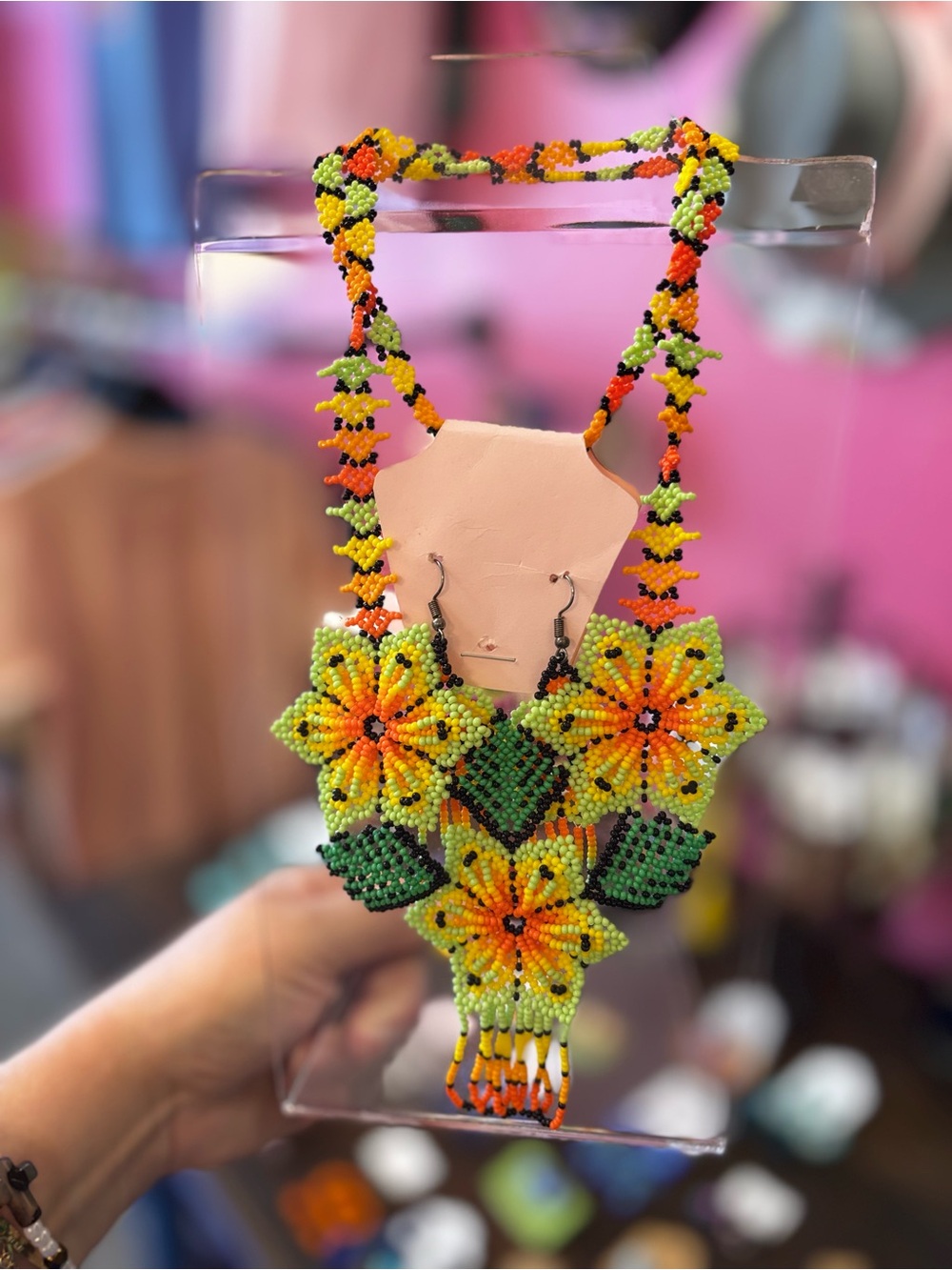 Handmade Beaded Floral Necklace & Earring Set in Yellow and Green